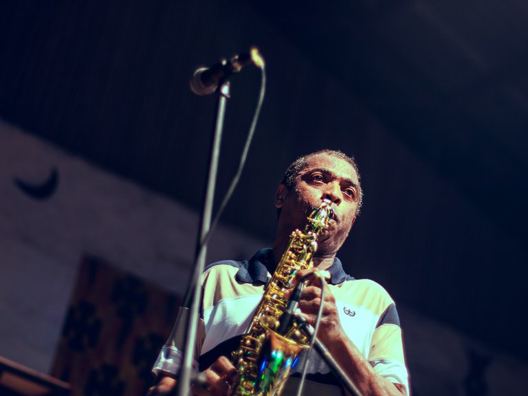 Femi Kuti playing saxophone